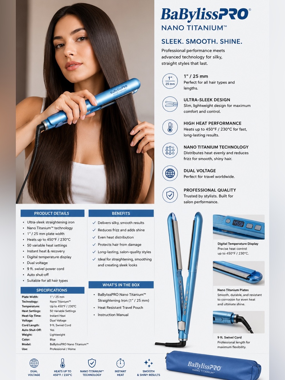 BaByliss Nano Titanium 1" Flat Iron Hair Straightener-Metallic Blue w/black Case